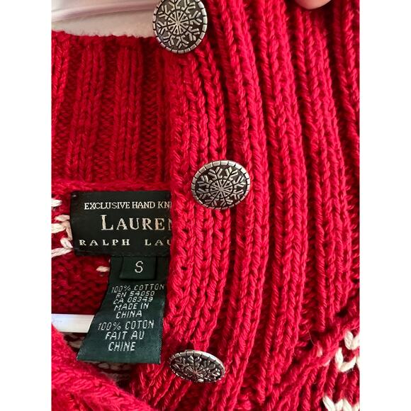Ralph Lauren Vintage Hand Knit Red & Ivory Snowflake Mock Neck Ski Sweater Small - Picture 2 of 13
